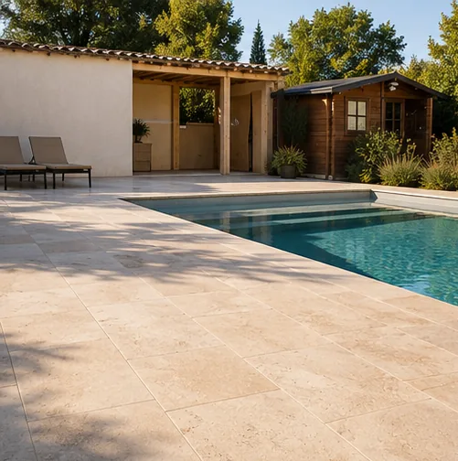 Plage de piscine en travertin réalisée par RSN 24, artisan à Bergerac