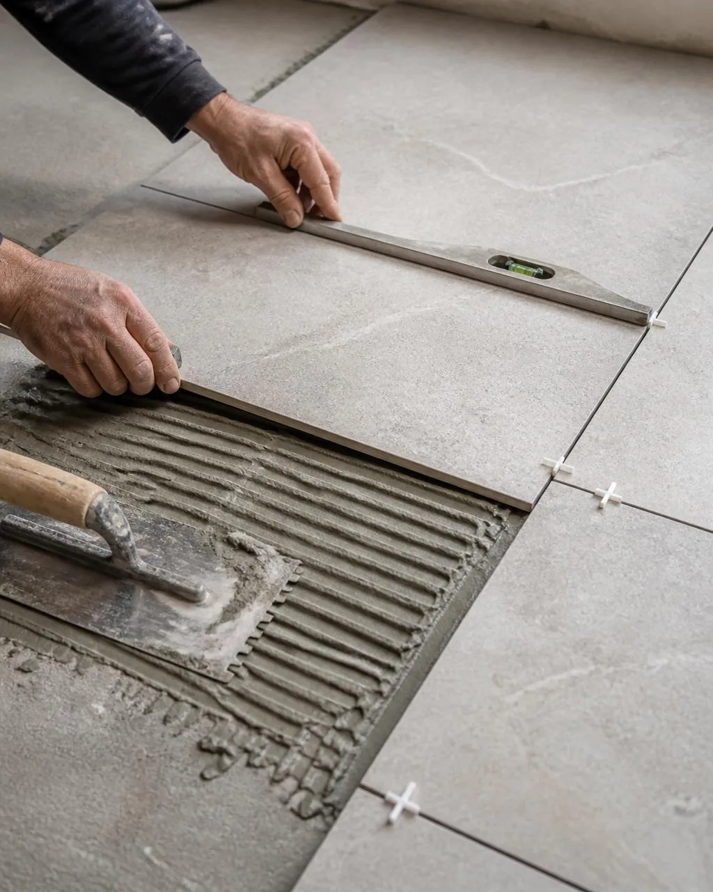 Pose de carrelage, alignement d'un carreau à la règle
