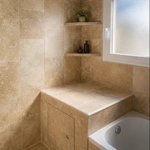 Salle de bain habillée en travertin avec étagères d'angle, réalisée par RSN 24 à Bergerac