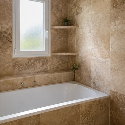 Habillage de baignoire en travertin avec niches sur mesure, réalisation RSN 24 à Bergerac