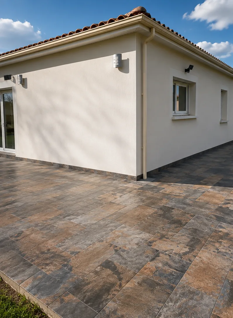 Terrasse en carrelage effet pierre posée autour d'une maison par RSN 24, artisan à Bergerac